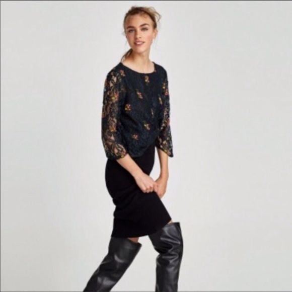 ZARA Basic | Lace top with embroidered flowers - Picture 4 of 8